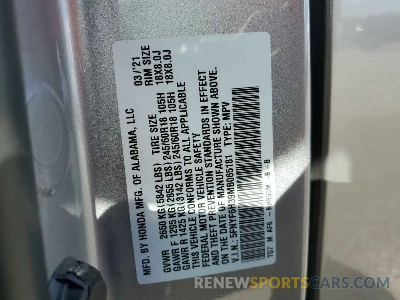 12 Photograph of a damaged car 5FNYF6H39MB065181 HONDA PILOT 2021