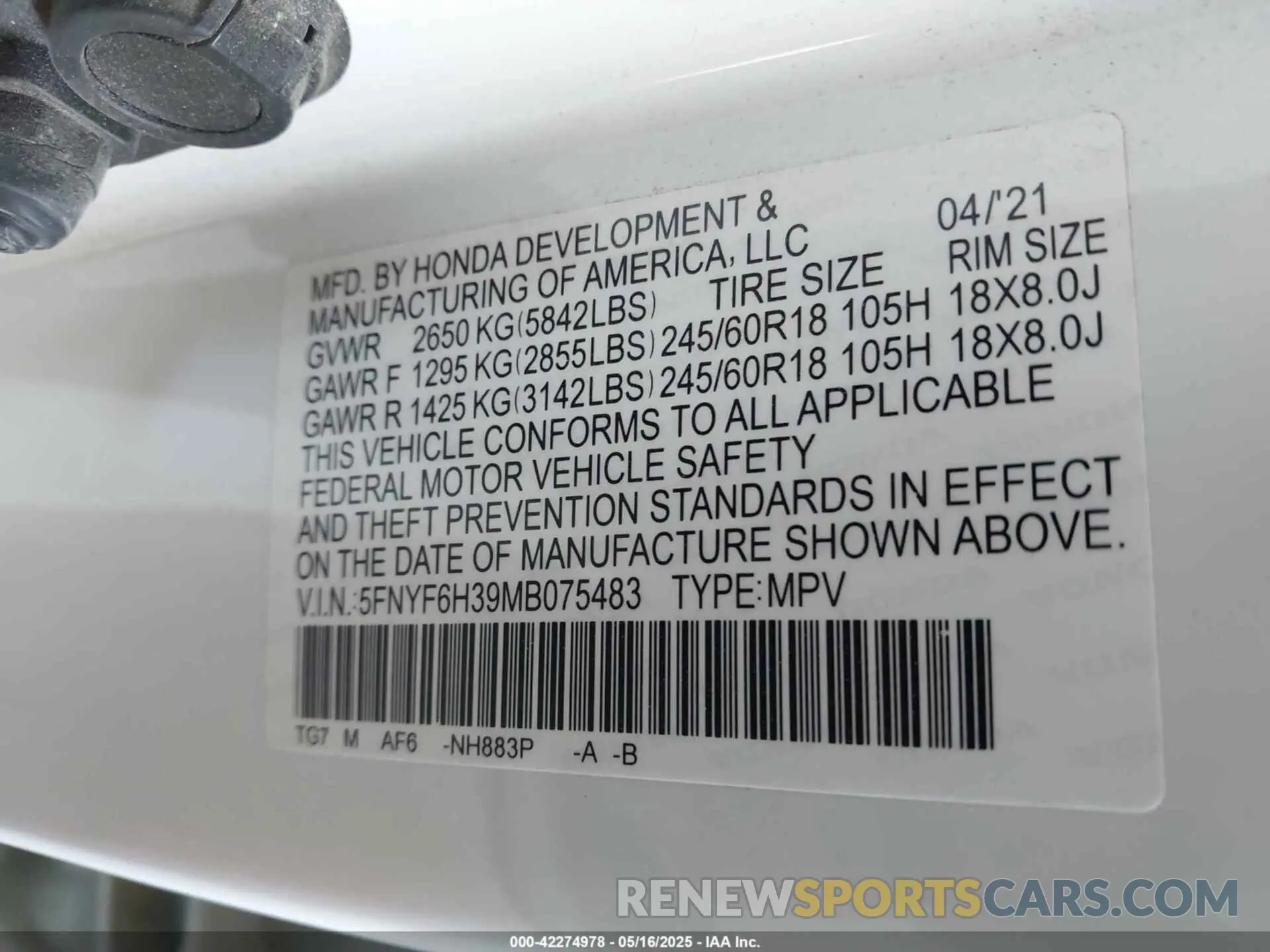 9 Photograph of a damaged car 5FNYF6H39MB075483 HONDA PILOT 2021