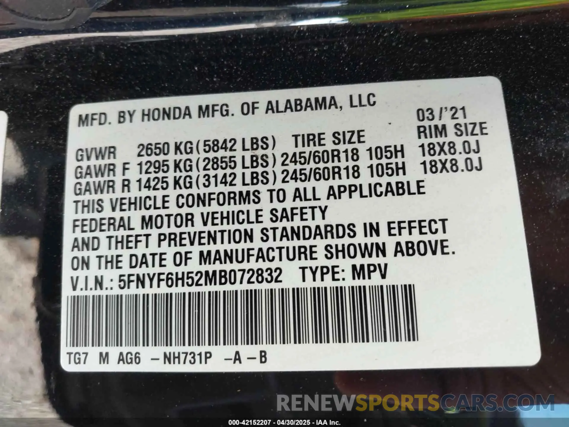 9 Photograph of a damaged car 5FNYF6H52MB072832 HONDA PILOT 2021