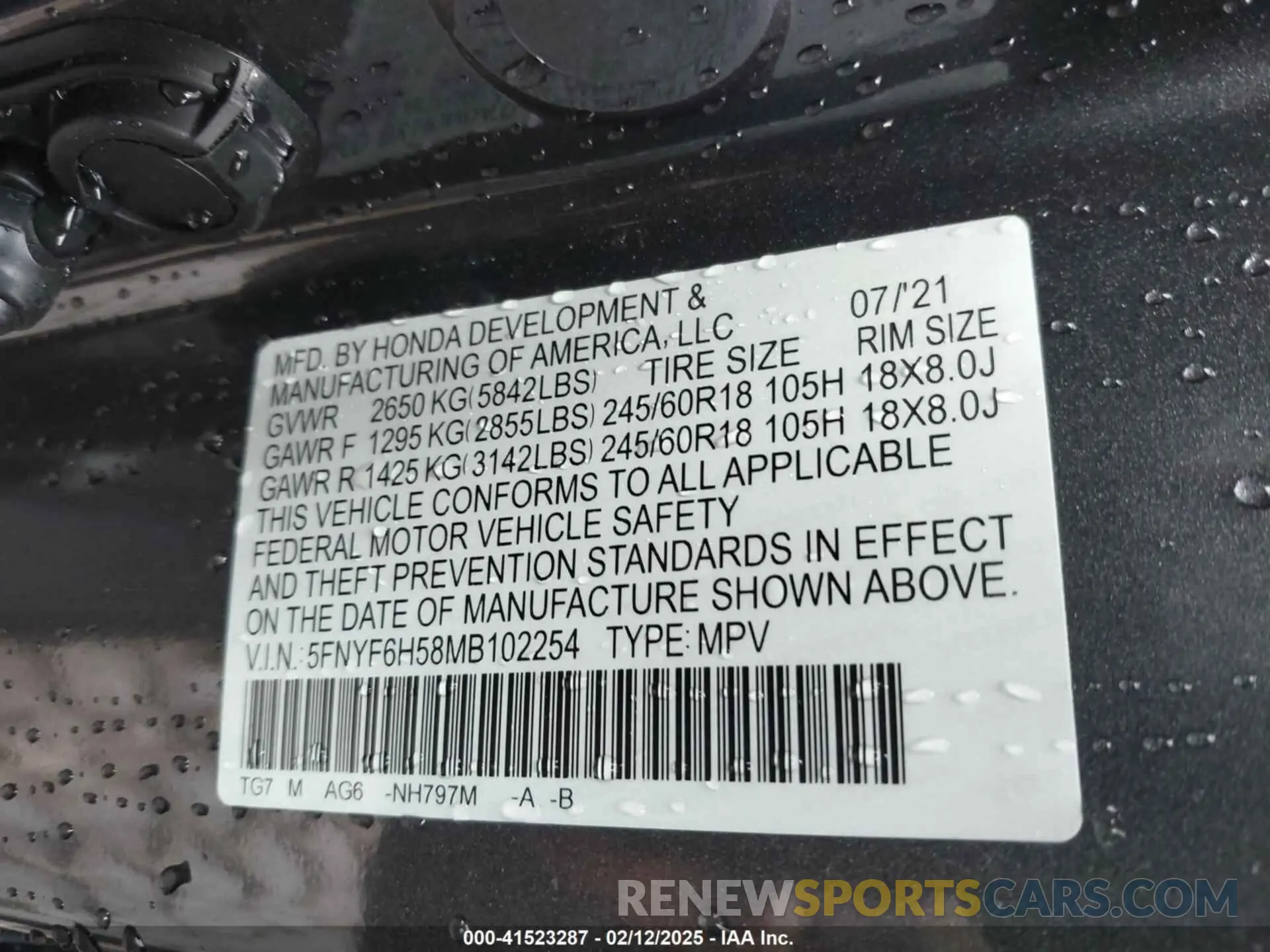 9 Photograph of a damaged car 5FNYF6H58MB102254 HONDA PILOT 2021