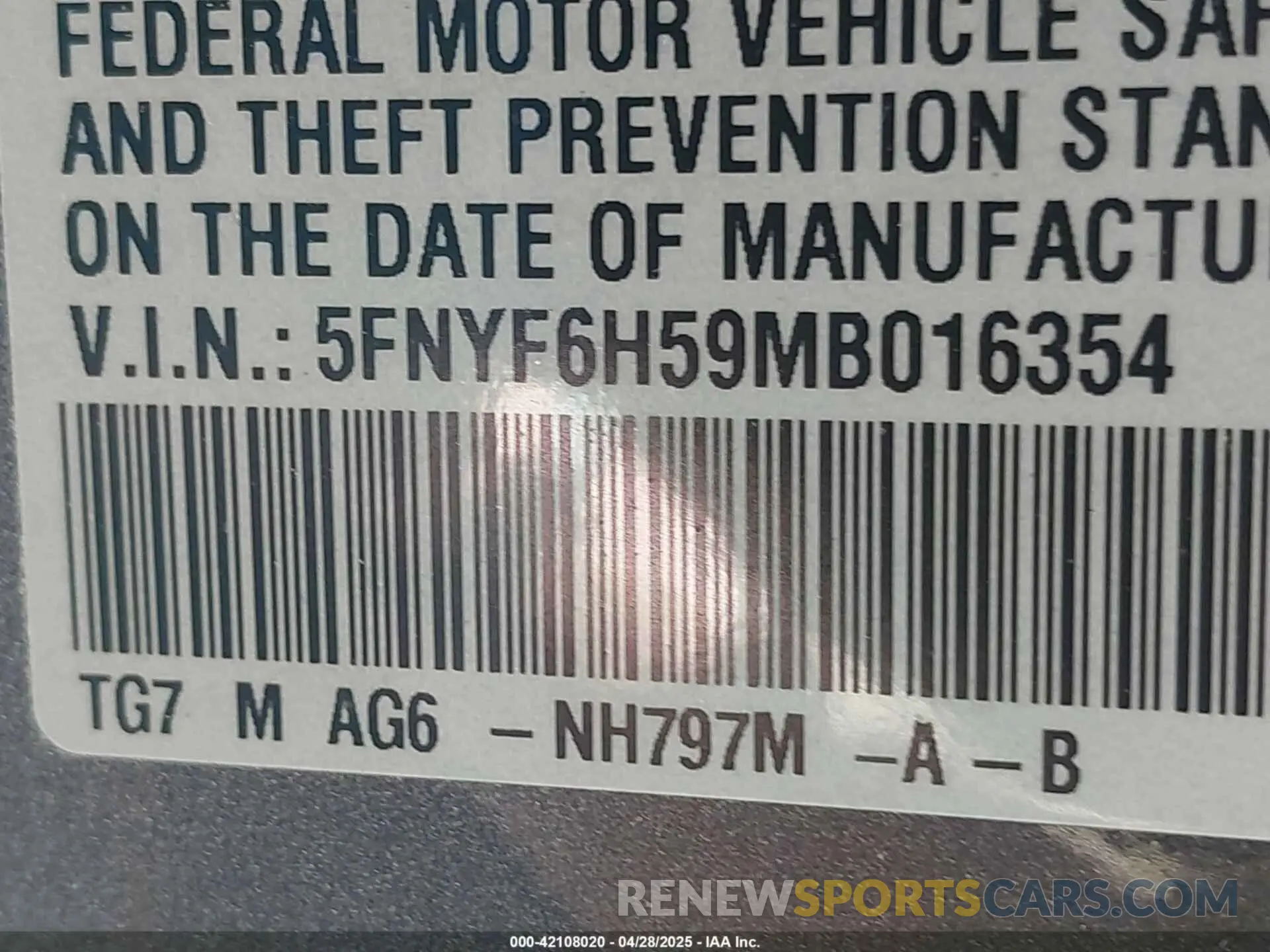 9 Photograph of a damaged car 5FNYF6H59MB016354 HONDA PILOT 2021