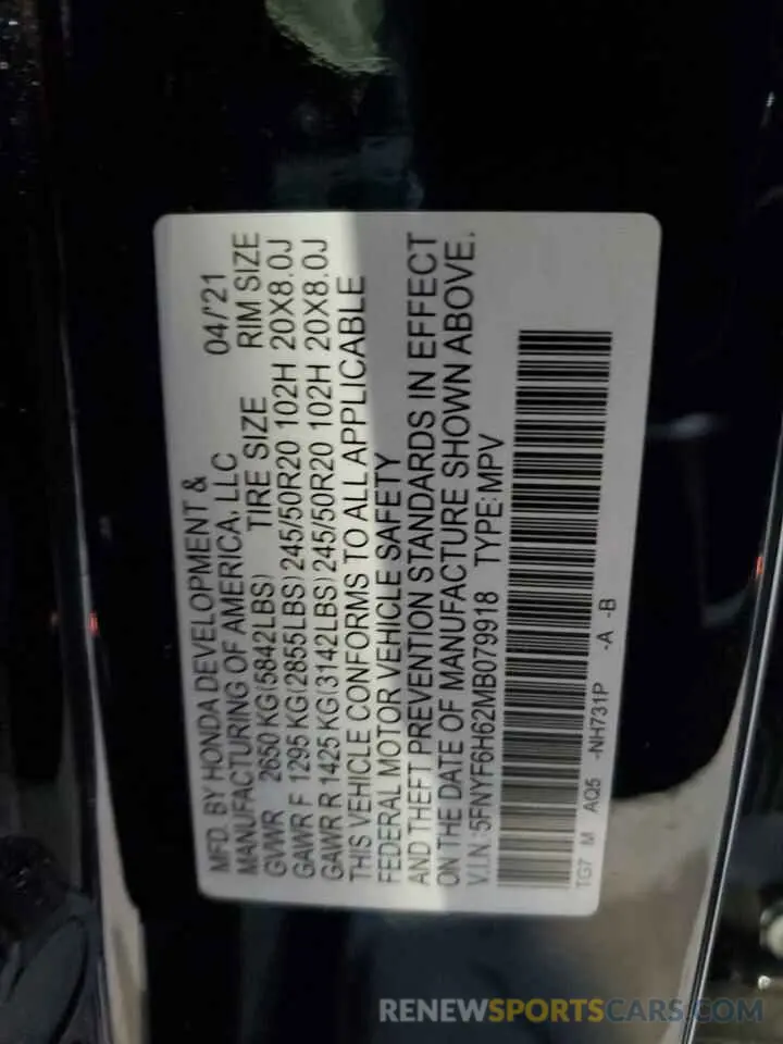 15 Photograph of a damaged car 5FNYF6H62MB079918 HONDA PILOT 2021