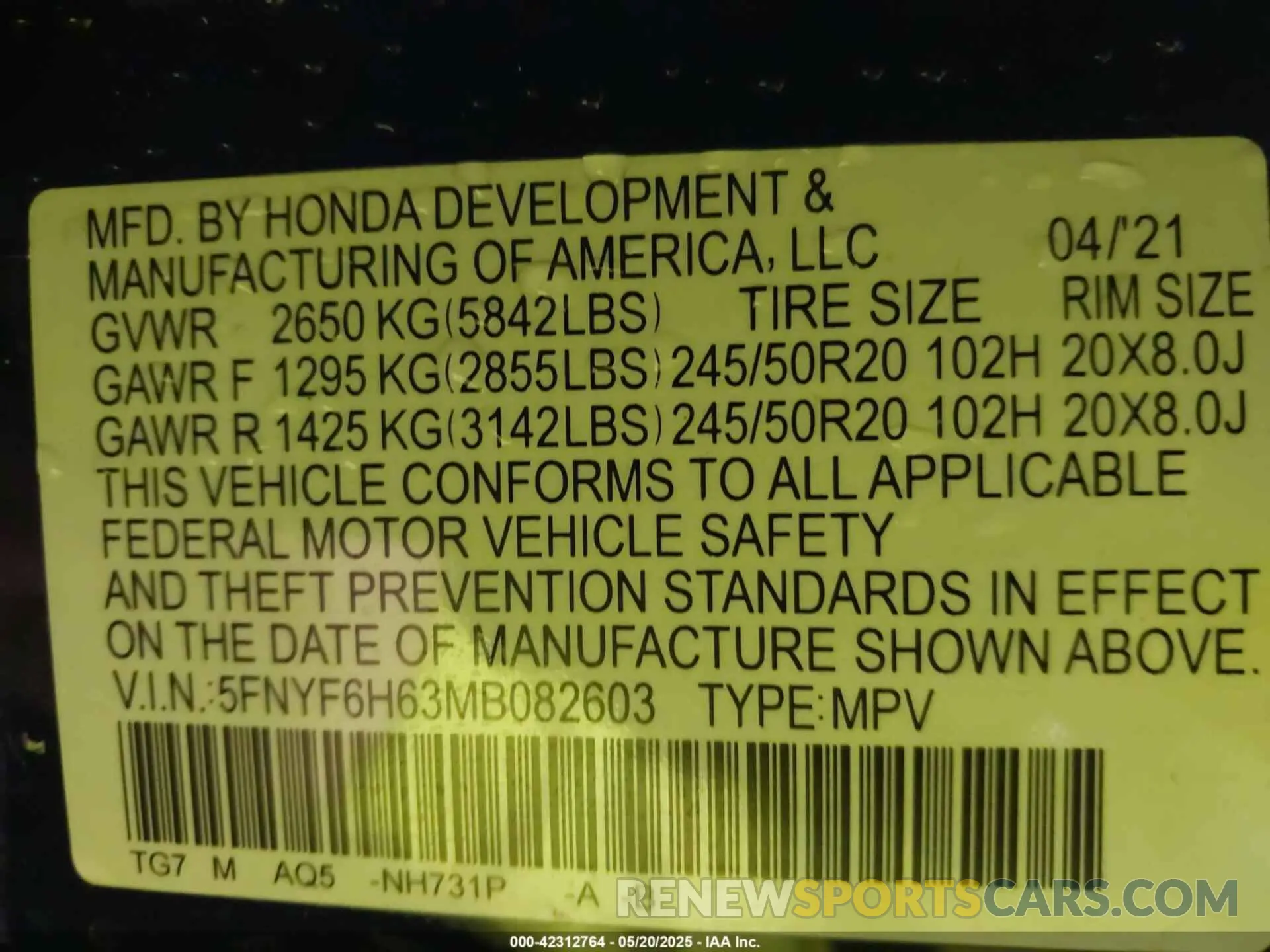 9 Photograph of a damaged car 5FNYF6H63MB082603 HONDA PILOT 2021
