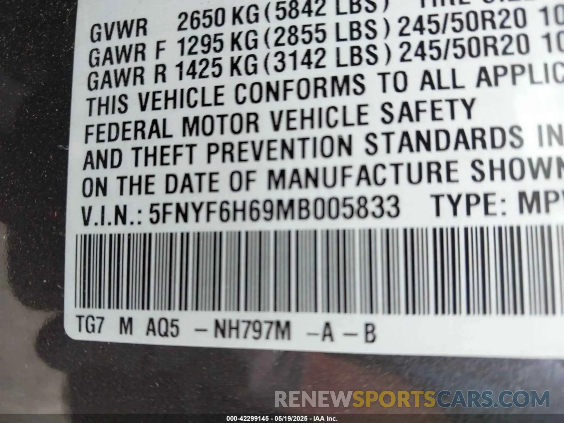 9 Photograph of a damaged car 5FNYF6H69MB005833 HONDA PILOT 2021