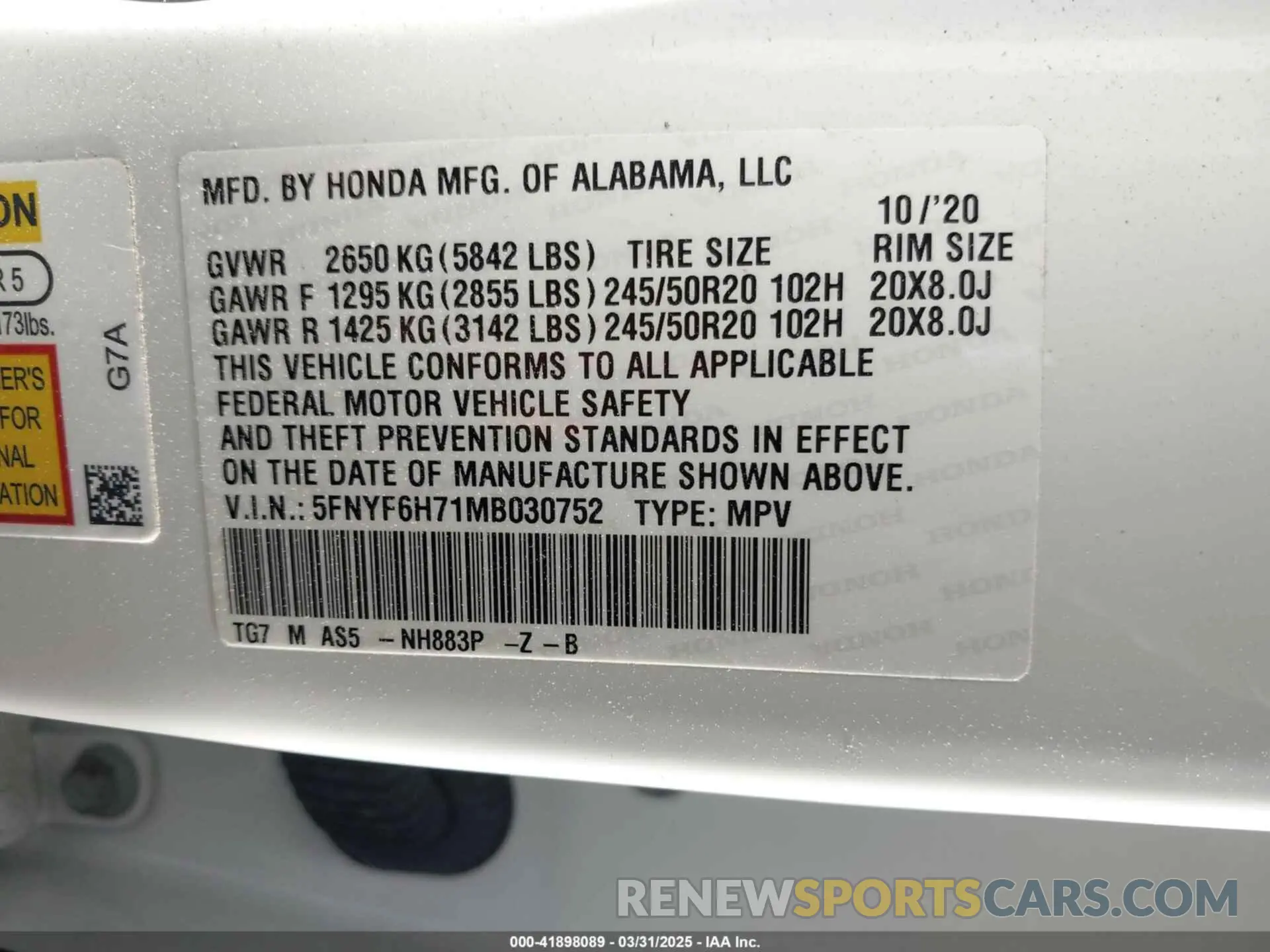 9 Photograph of a damaged car 5FNYF6H71MB030752 HONDA PILOT 2021