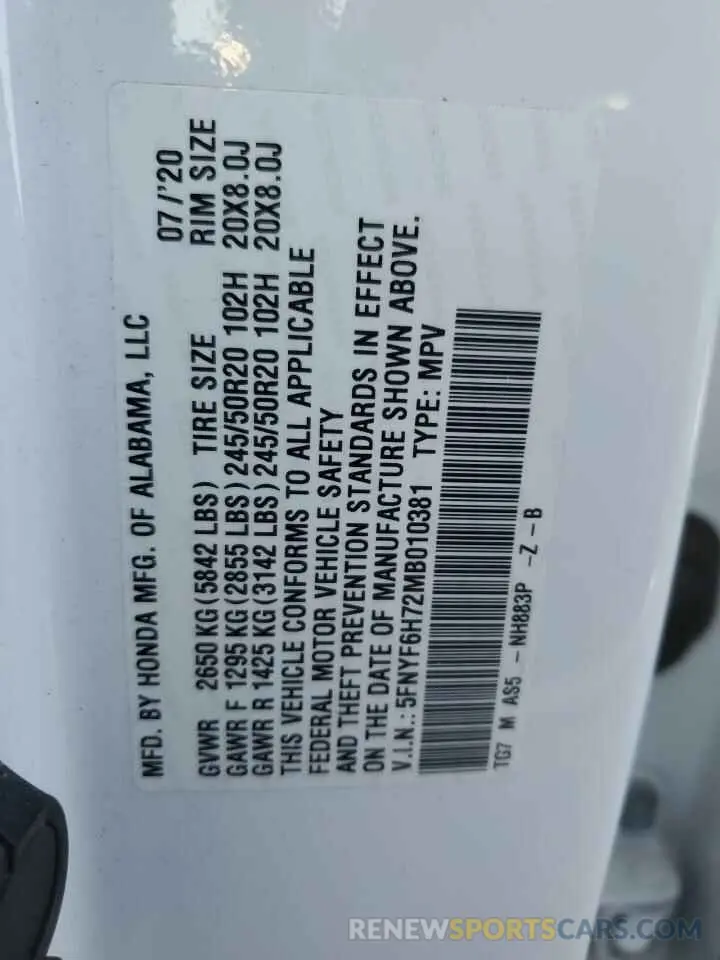 13 Фотография поврежденного автомобиля 5FNYF6H72MB010381 HONDA PILOT 2021