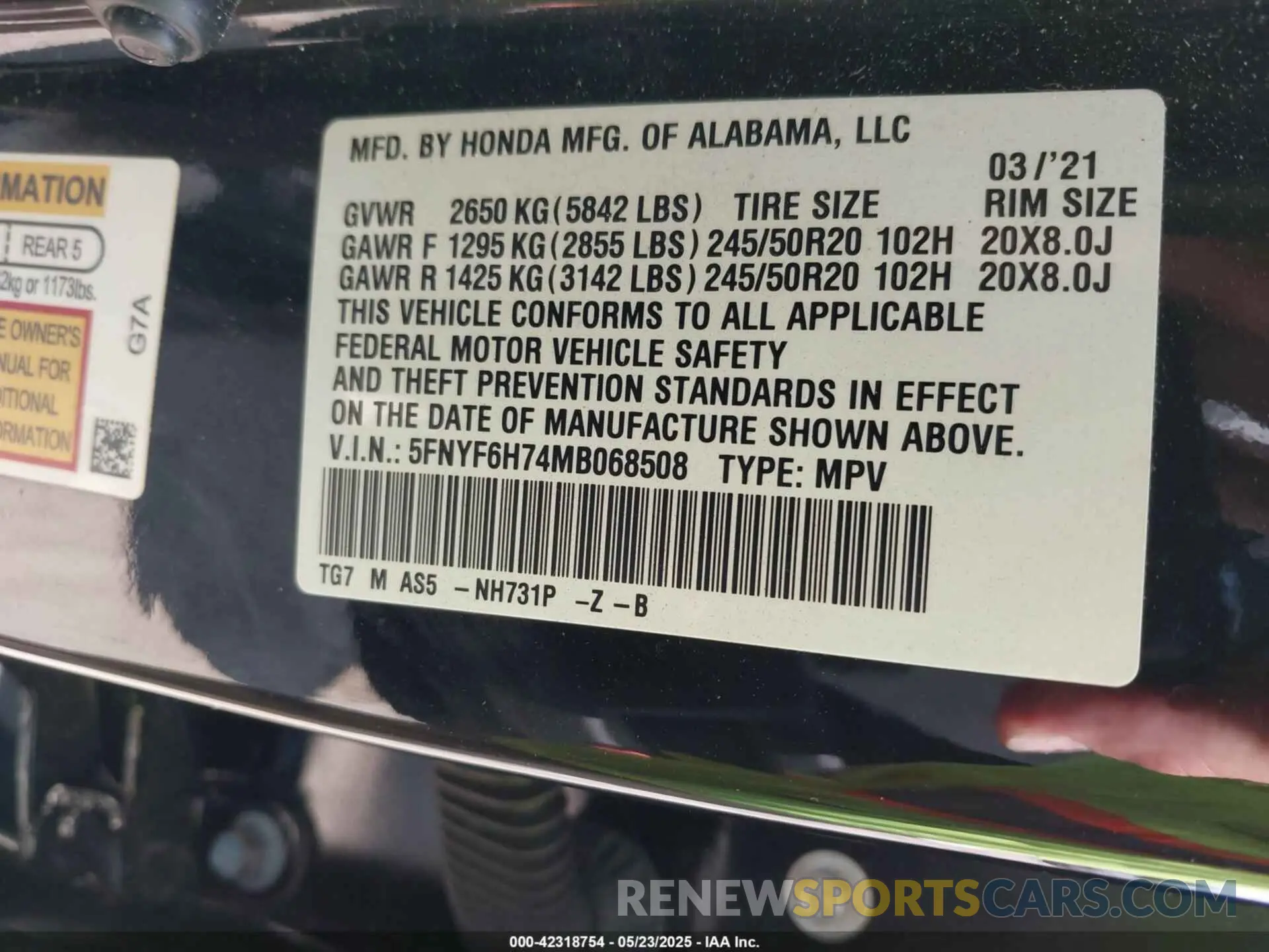 9 Photograph of a damaged car 5FNYF6H74MB068508 HONDA PILOT 2021
