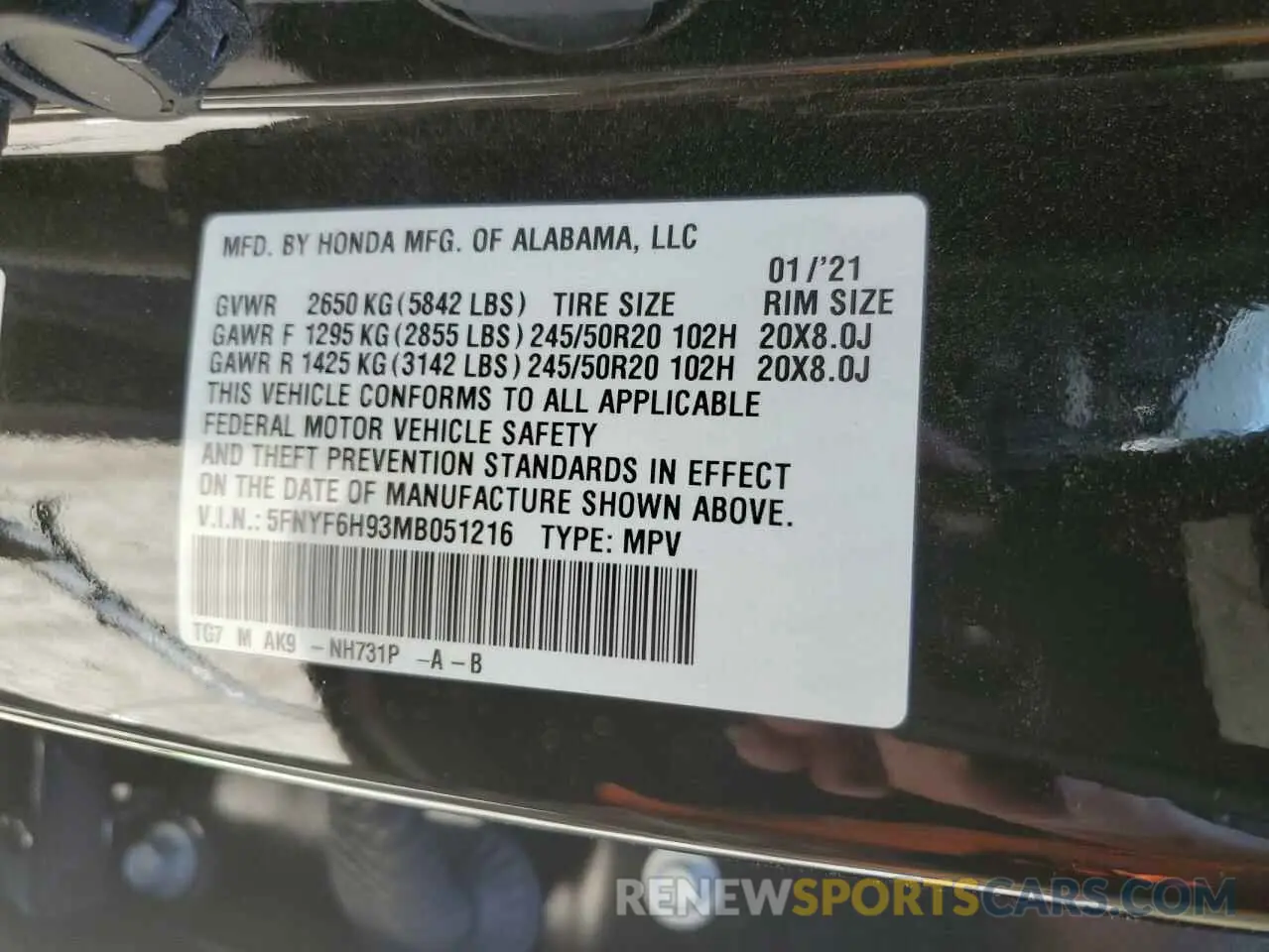 13 Photograph of a damaged car 5FNYF6H93MB051216 HONDA PILOT 2021