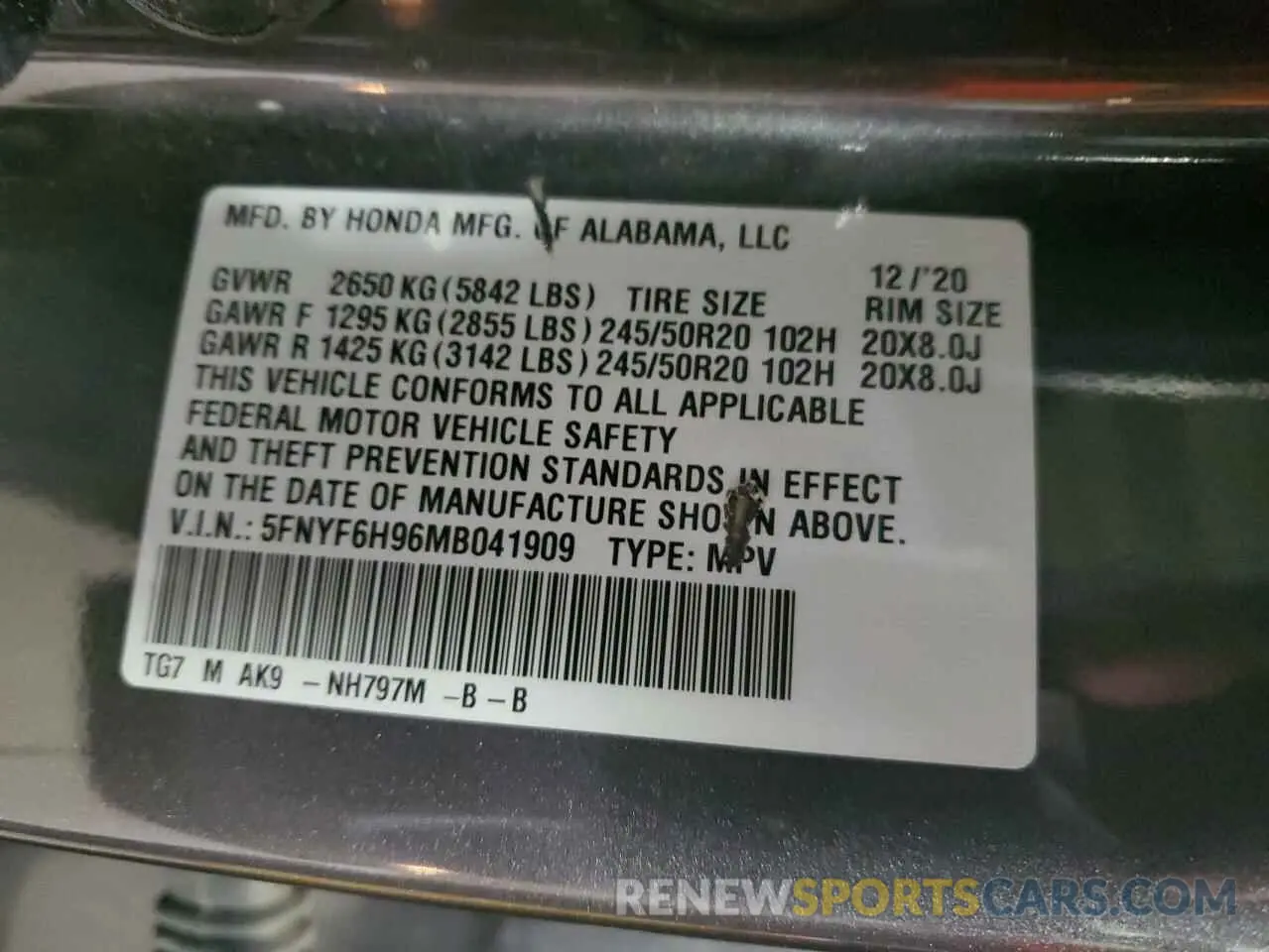 13 Photograph of a damaged car 5FNYF6H96MB041909 HONDA PILOT 2021