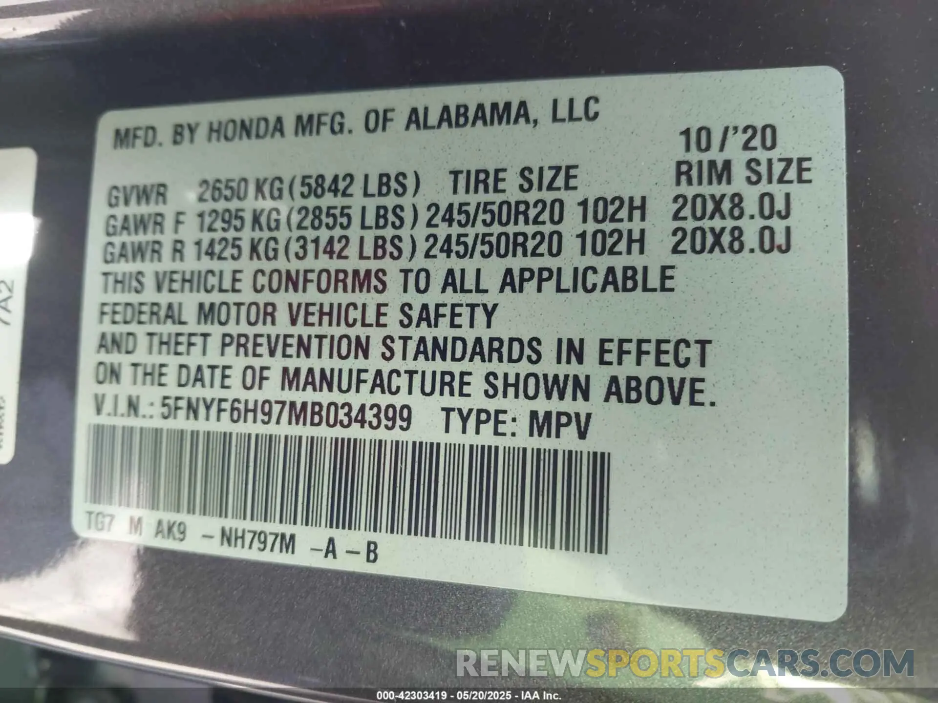 9 Photograph of a damaged car 5FNYF6H97MB034399 HONDA PILOT 2021