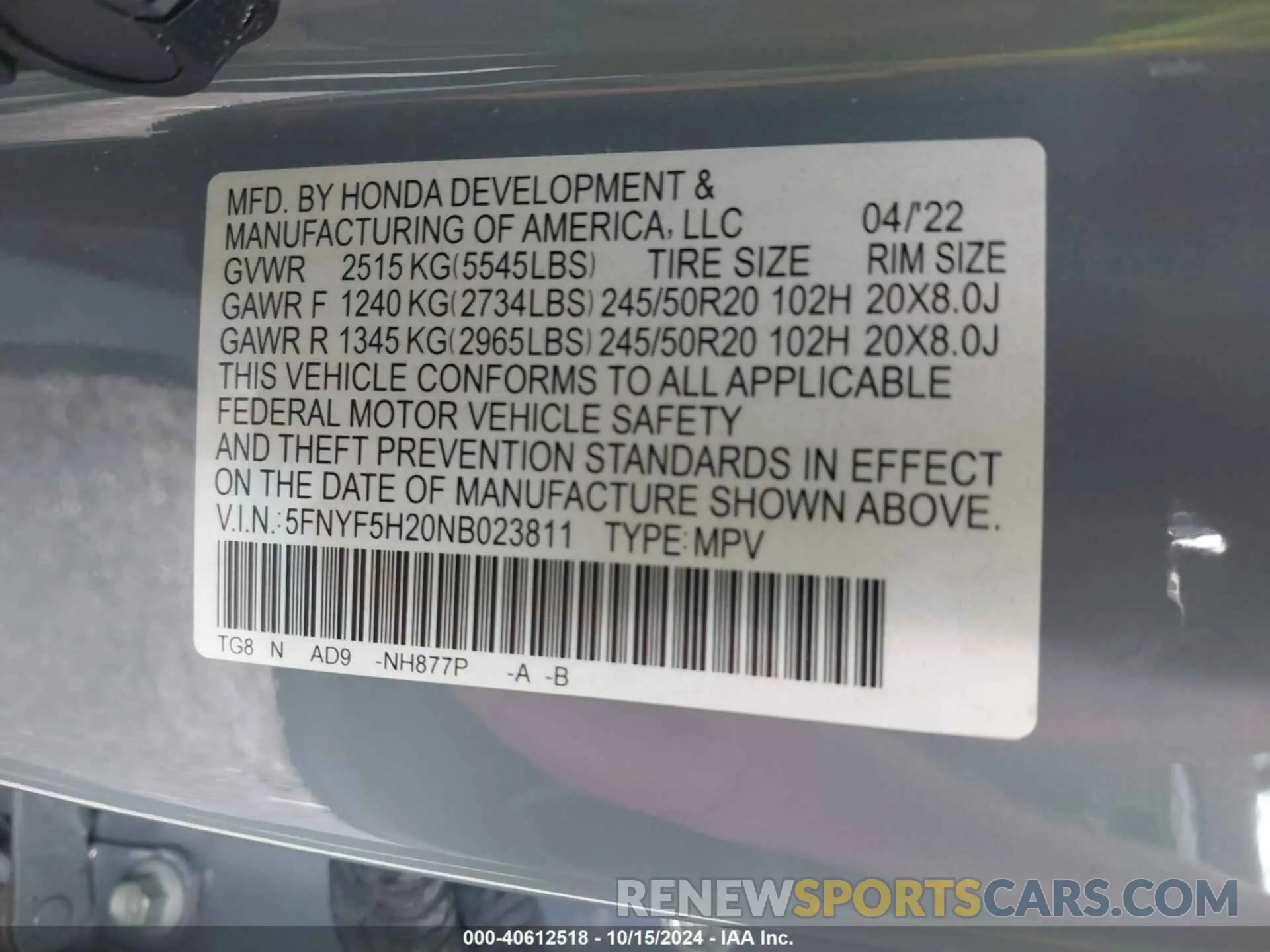 9 Photograph of a damaged car 5FNYF5H20NB023811 HONDA PILOT 2022
