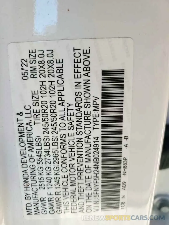 13 Фотография поврежденного автомобиля 5FNYF5H24NB024914 HONDA PILOT 2022