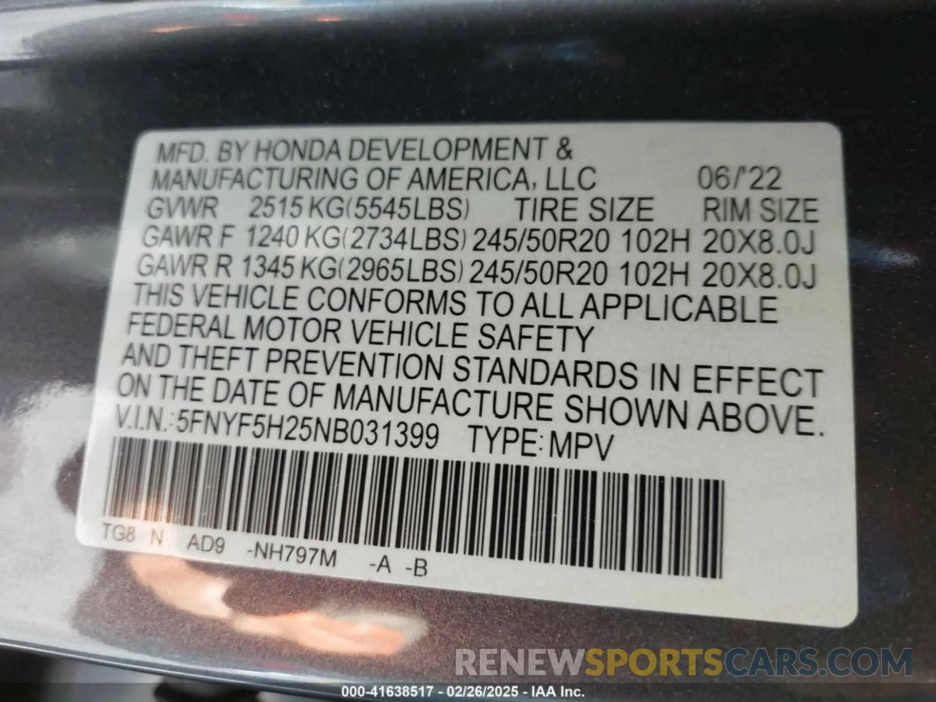 9 Фотография поврежденного автомобиля 5FNYF5H25NB031399 HONDA PILOT 2022