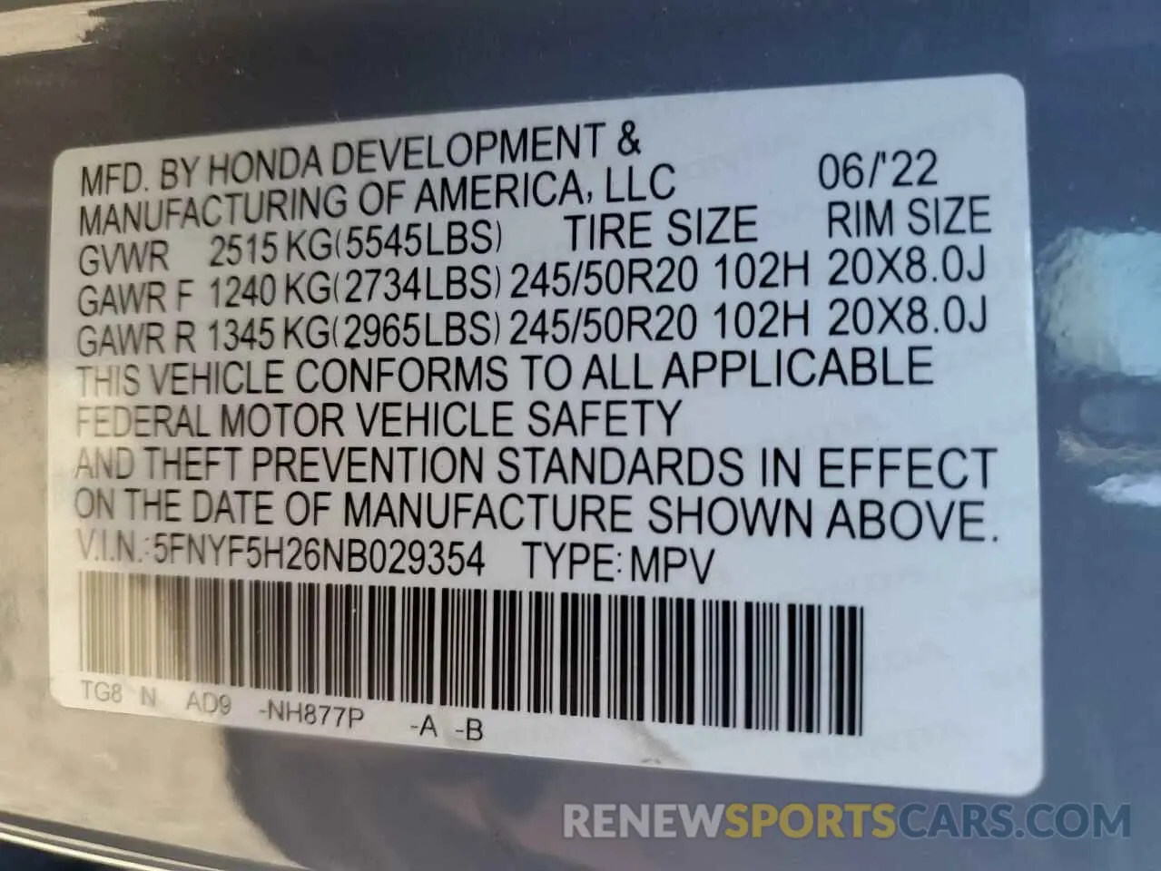 13 Photograph of a damaged car 5FNYF5H26NB029354 HONDA PILOT 2022