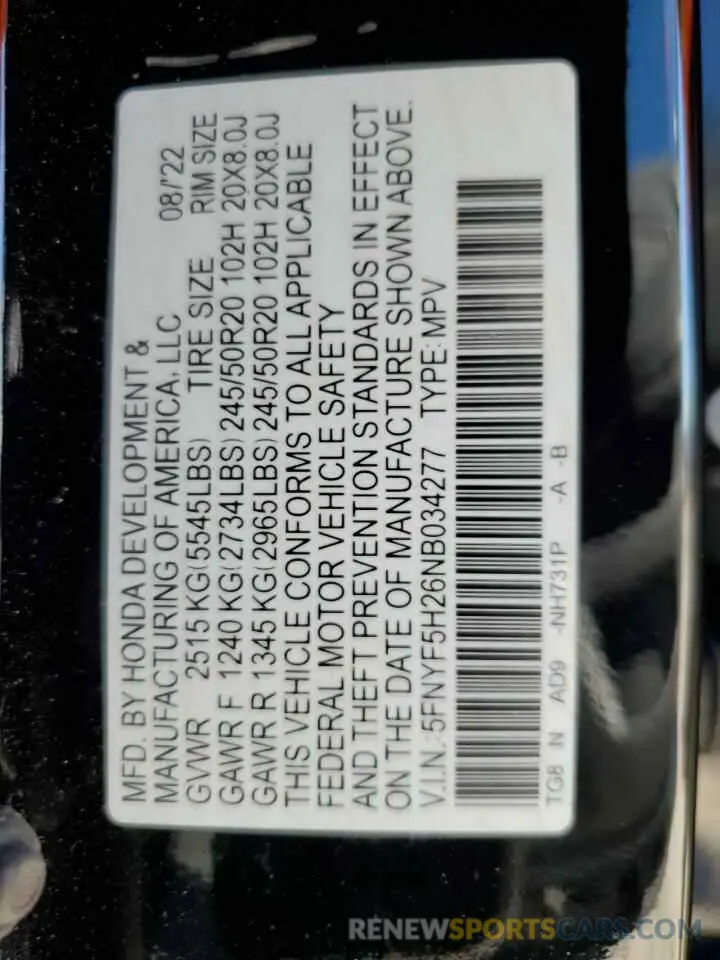 15 Фотография поврежденного автомобиля 5FNYF5H26NB034277 HONDA PILOT 2022