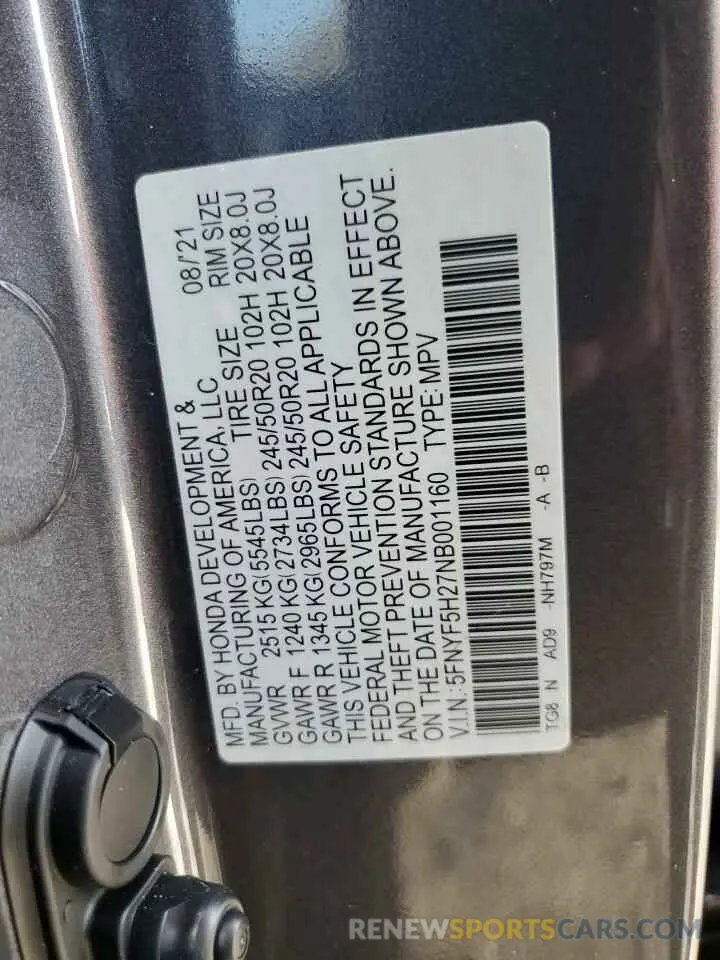 13 Фотография поврежденного автомобиля 5FNYF5H27NB001160 HONDA PILOT 2022