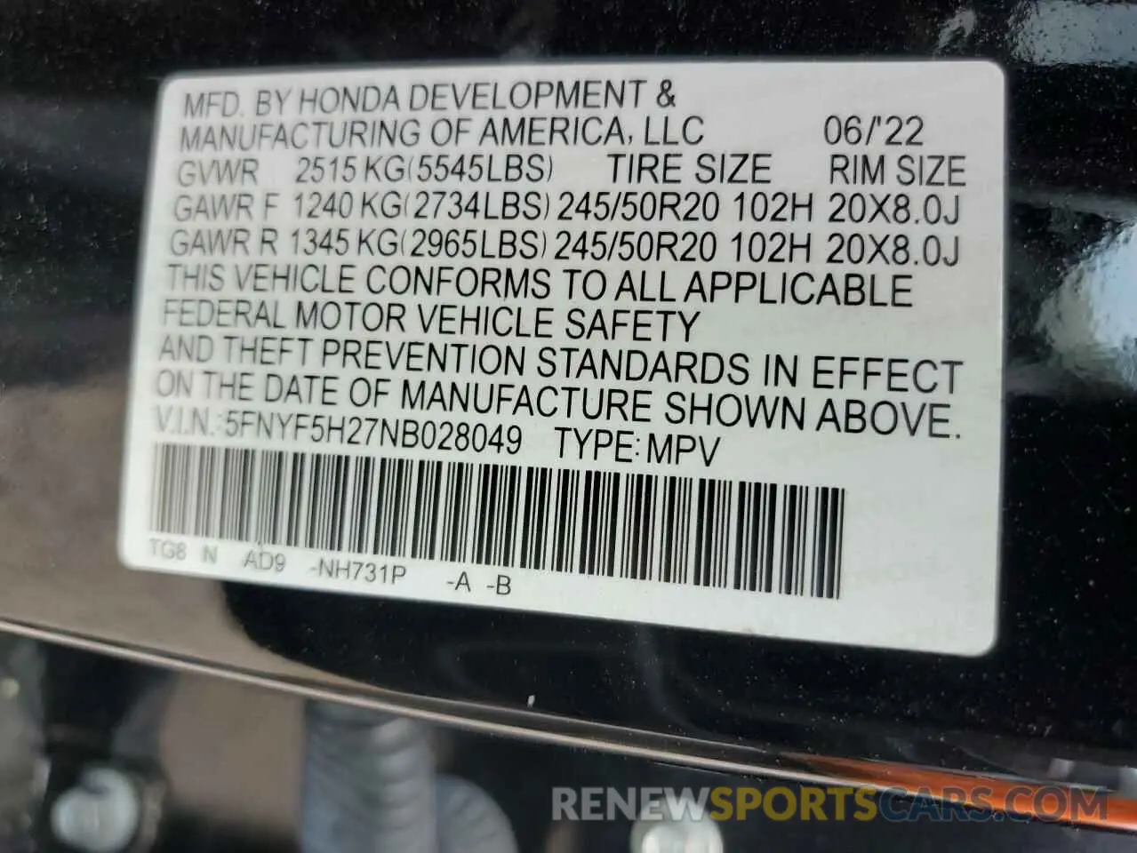 13 Photograph of a damaged car 5FNYF5H27NB028049 HONDA PILOT 2022