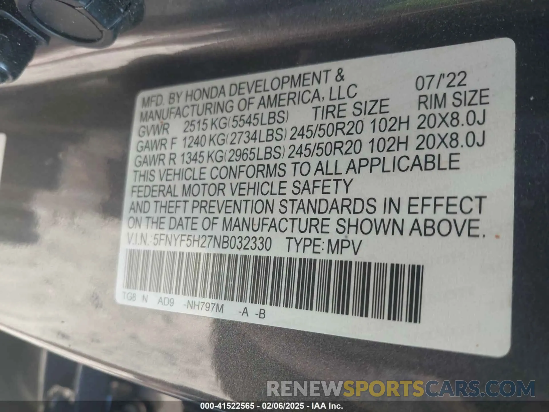 9 Фотография поврежденного автомобиля 5FNYF5H27NB032330 HONDA PILOT 2022