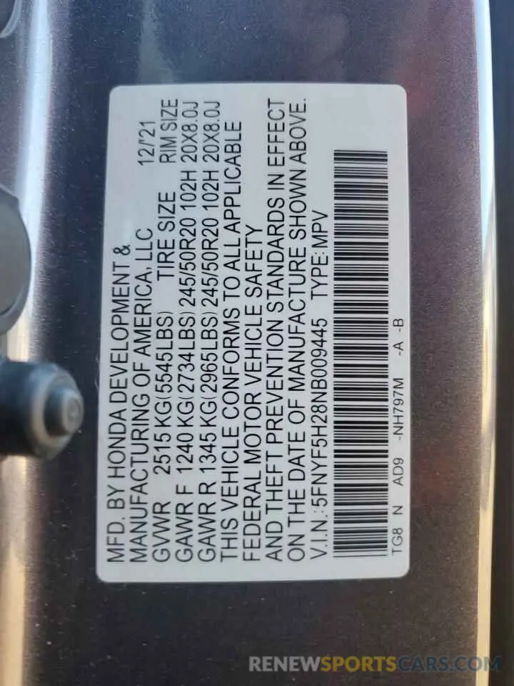 15 Фотография поврежденного автомобиля 5FNYF5H28NB009445 HONDA PILOT 2022