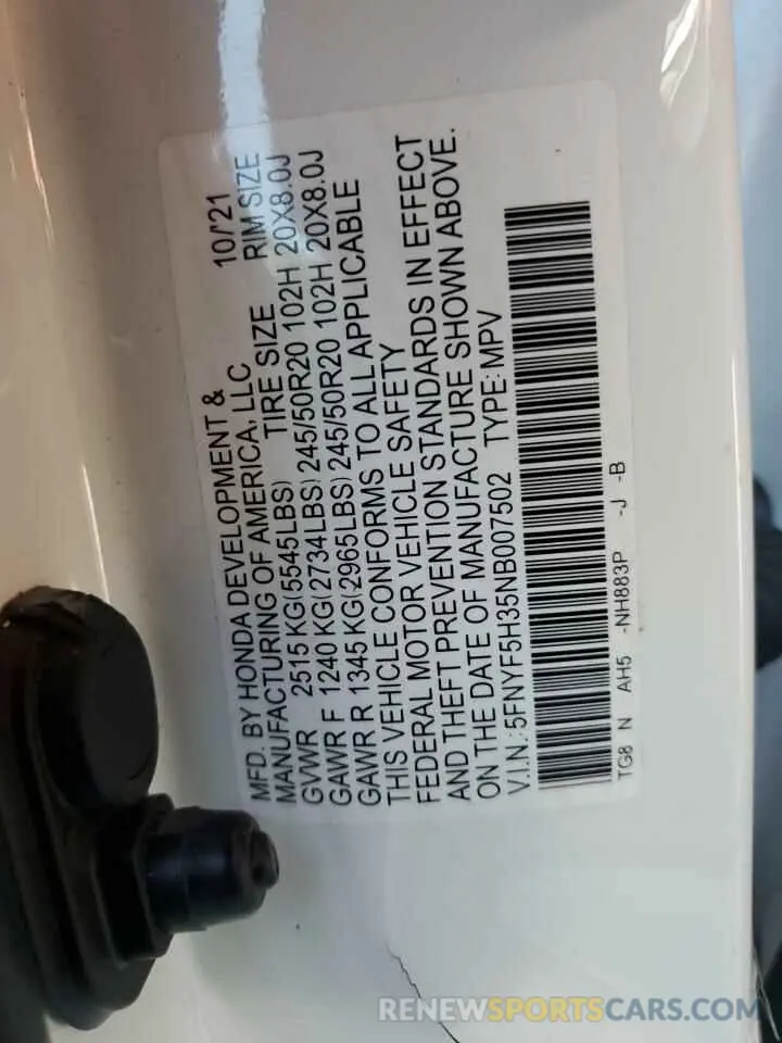 13 Фотография поврежденного автомобиля 5FNYF5H35NB007502 HONDA PILOT 2022