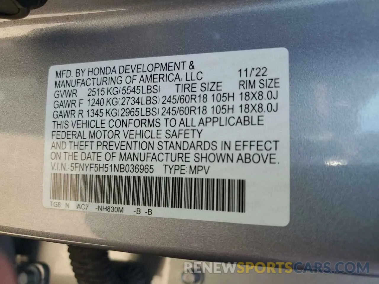 10 Photograph of a damaged car 5FNYF5H51NB036965 HONDA PILOT 2022