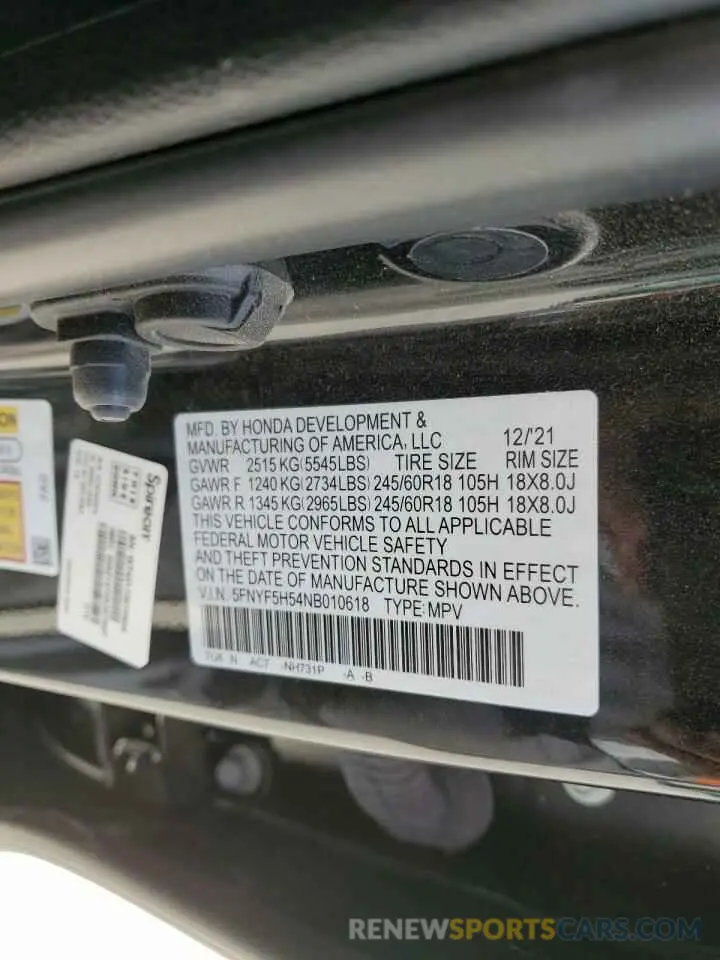 13 Фотография поврежденного автомобиля 5FNYF5H54NB010618 HONDA PILOT 2022