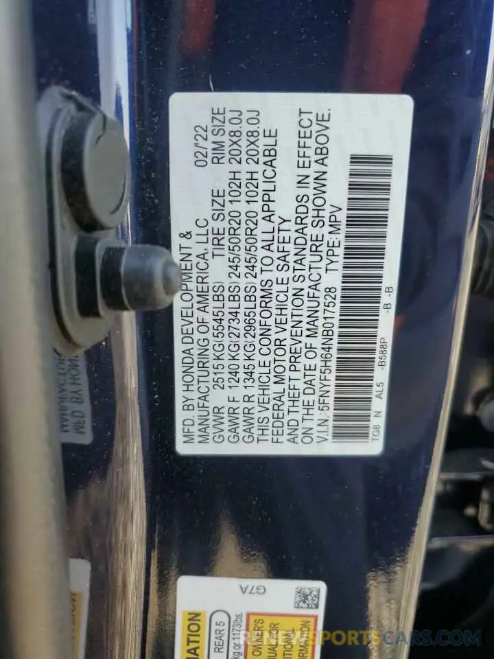 13 Photograph of a damaged car 5FNYF5H64NB017528 HONDA PILOT 2022