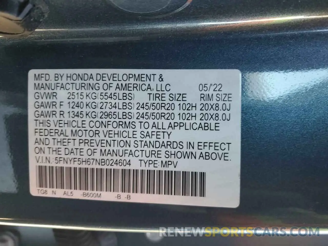13 Photograph of a damaged car 5FNYF5H67NB024604 HONDA PILOT 2022