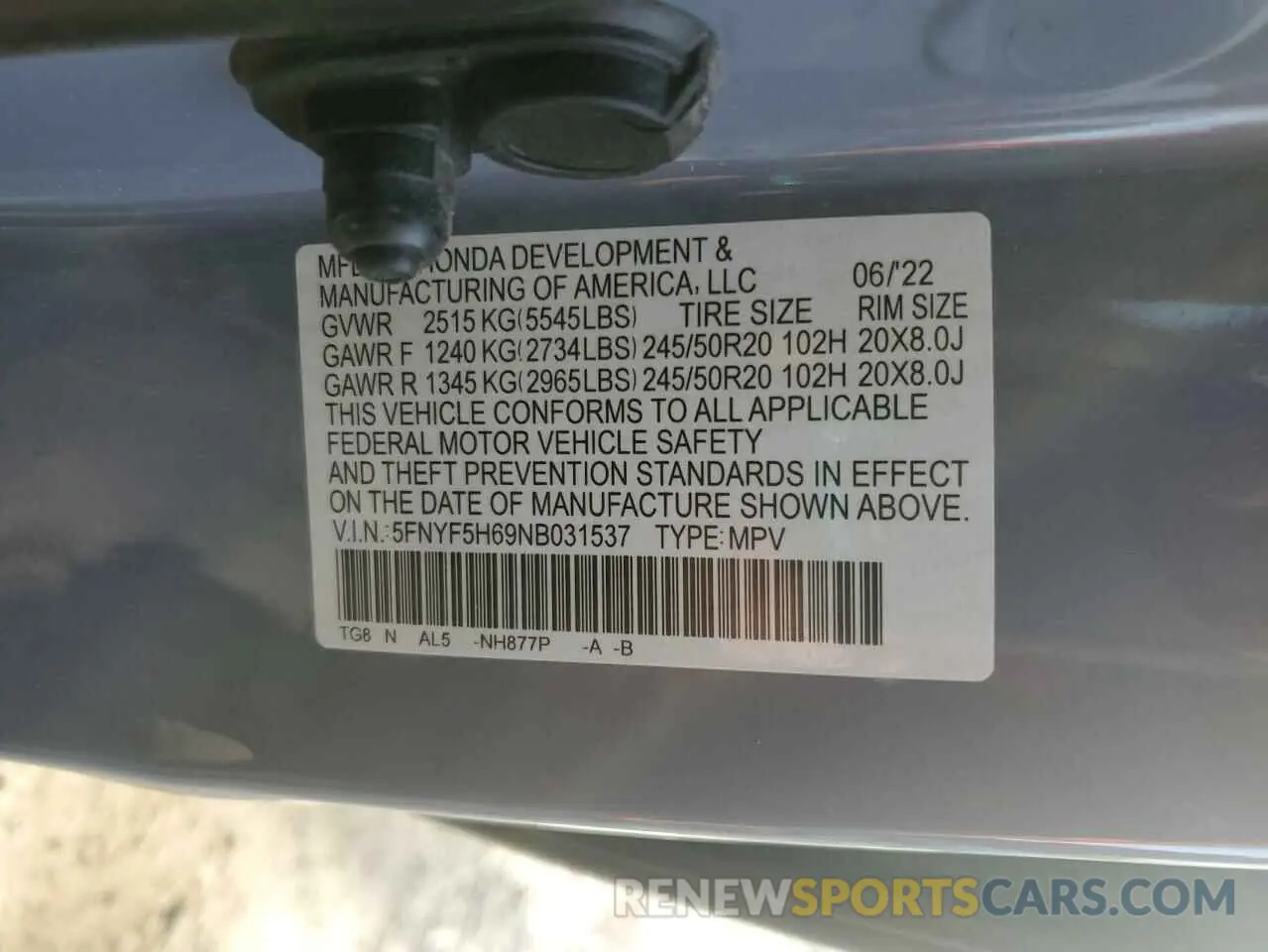 15 Photograph of a damaged car 5FNYF5H69NB031537 HONDA PILOT 2022