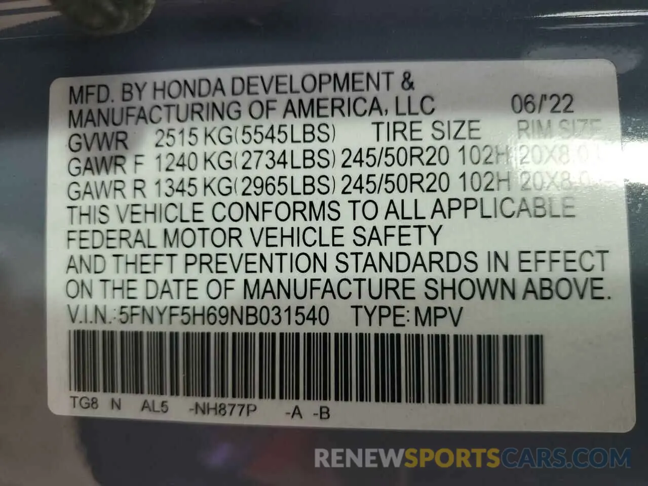13 Photograph of a damaged car 5FNYF5H69NB031540 HONDA PILOT 2022