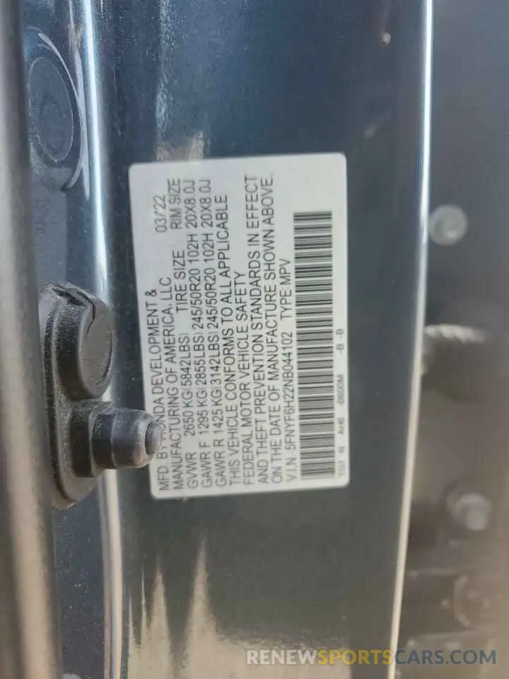 12 Фотография поврежденного автомобиля 5FNYF6H22NB044102 HONDA PILOT 2022