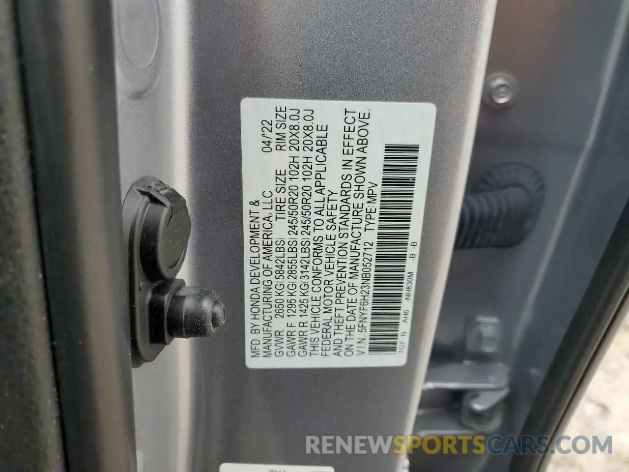14 Photograph of a damaged car 5FNYF6H23NB052712 HONDA PILOT 2022