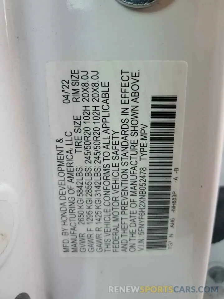 14 Фотография поврежденного автомобиля 5FNYF6H2XNB052478 HONDA PILOT 2022