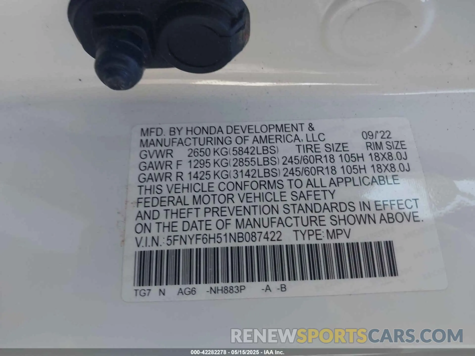 9 Фотография поврежденного автомобиля 5FNYF6H51NB087422 HONDA PILOT 2022