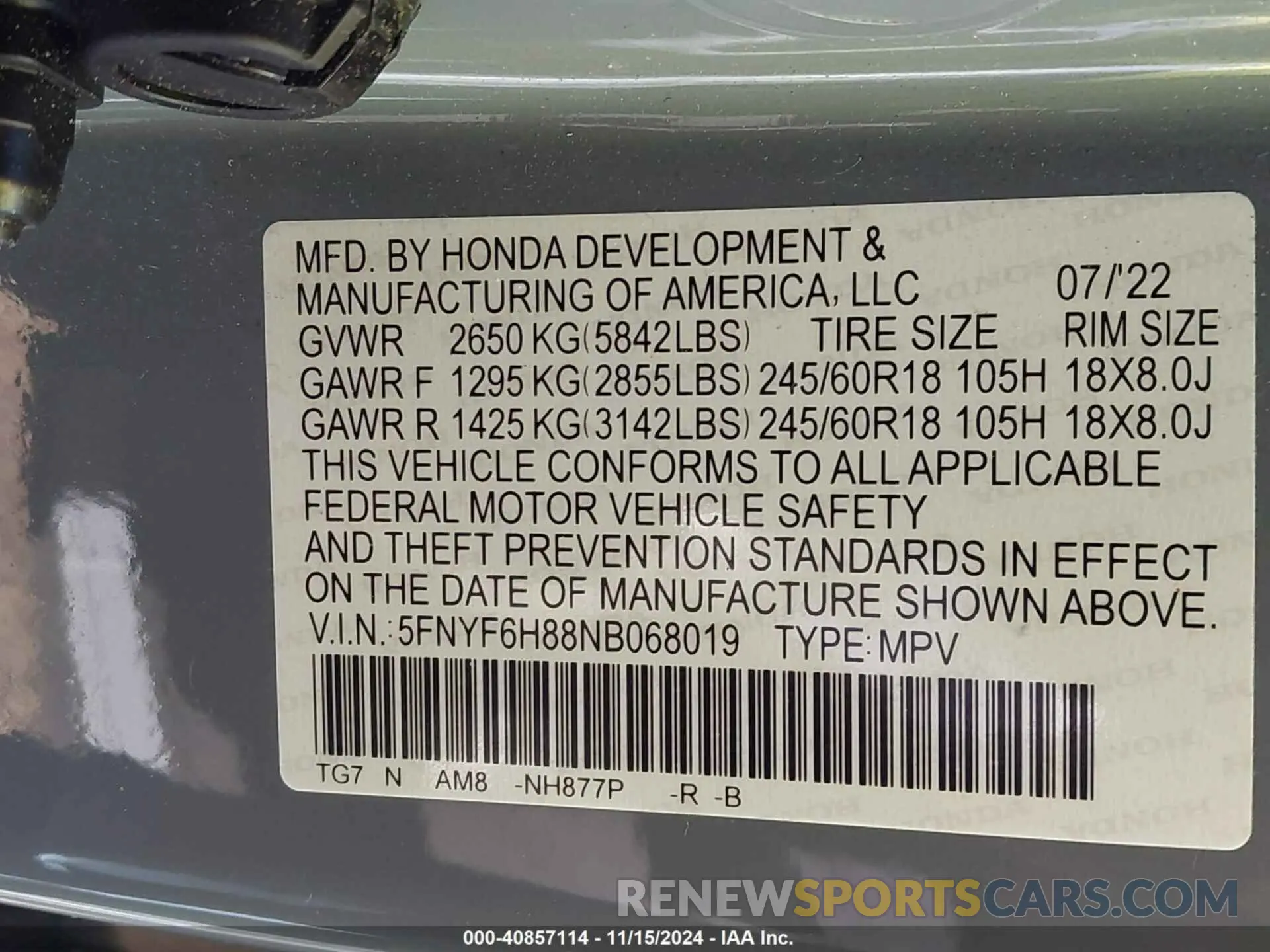 9 Photograph of a damaged car 5FNYF6H88NB068019 HONDA PILOT 2022
