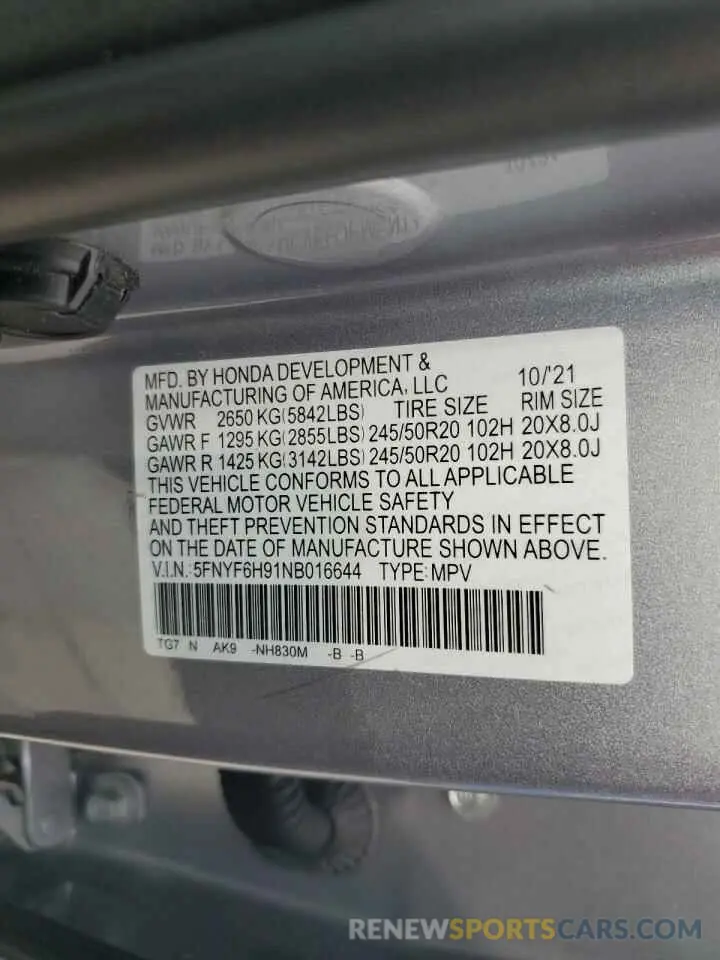 13 Фотография поврежденного автомобиля 5FNYF6H91NB016644 HONDA PILOT 2022