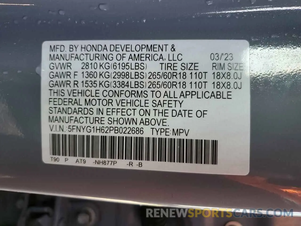 12 Photograph of a damaged car 5FNYG1H62PB022686 HONDA PILOT 2023