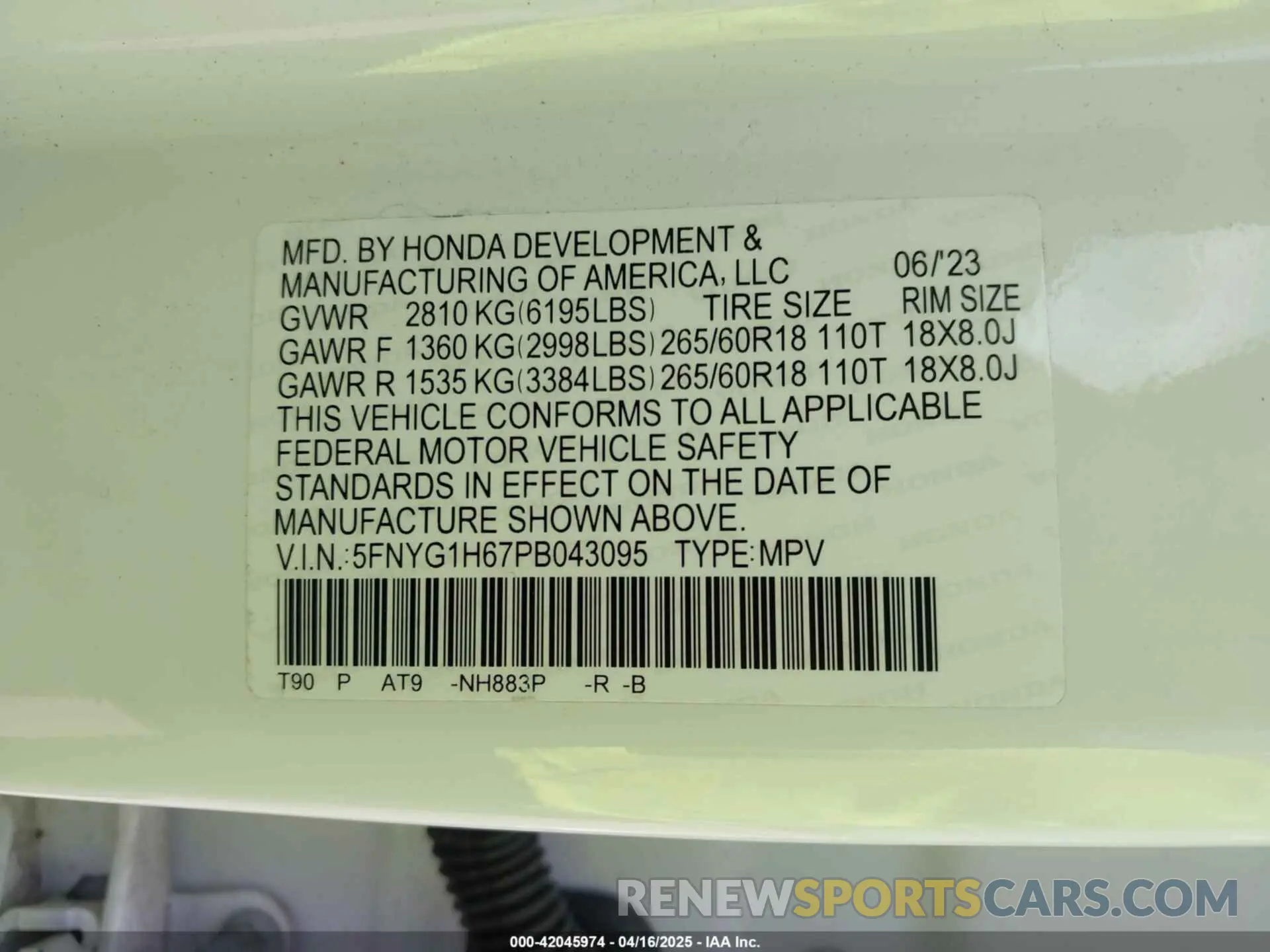 9 Photograph of a damaged car 5FNYG1H67PB043095 HONDA PILOT 2023