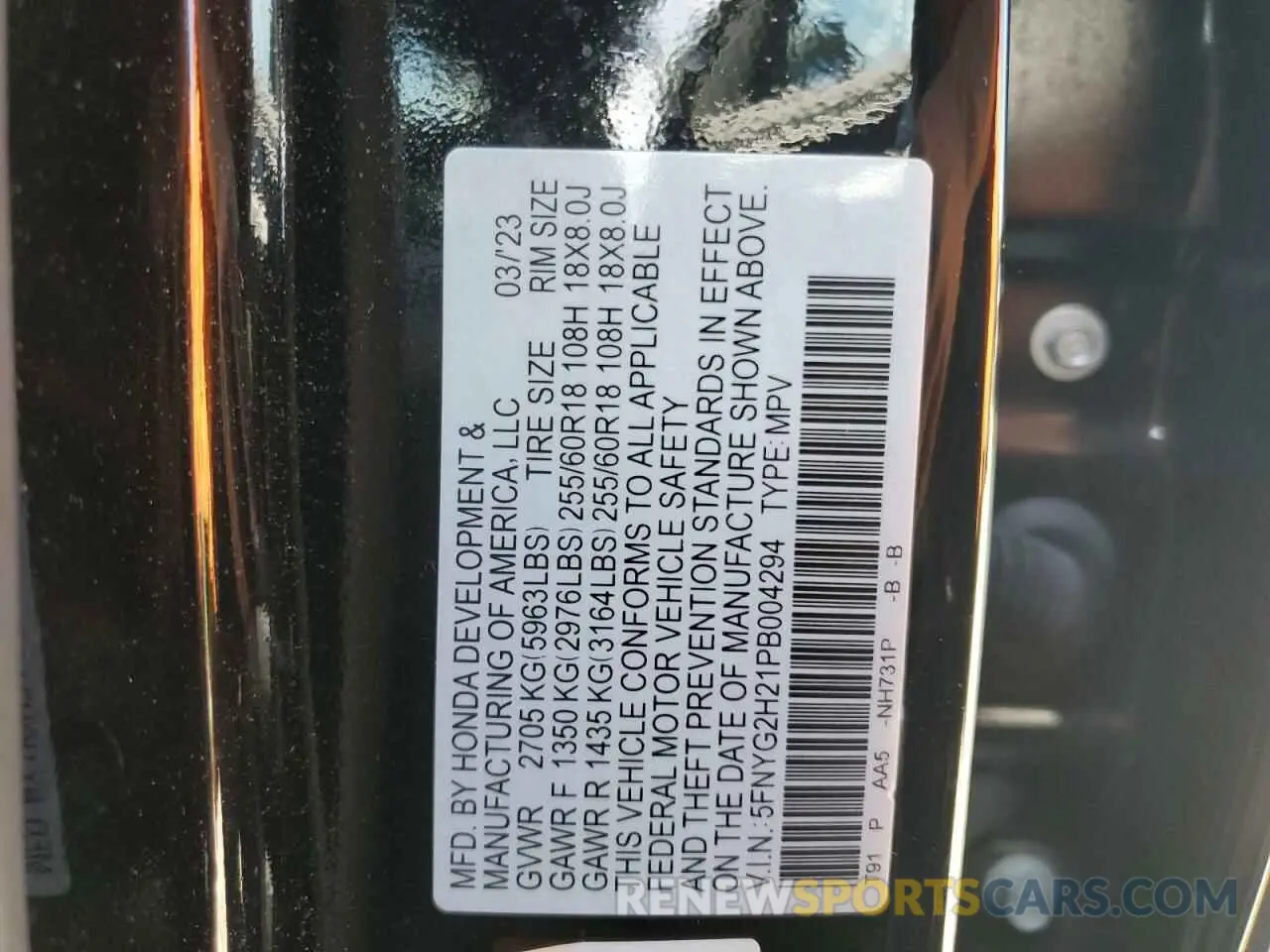 13 Photograph of a damaged car 5FNYG2H21PB004294 HONDA PILOT 2023