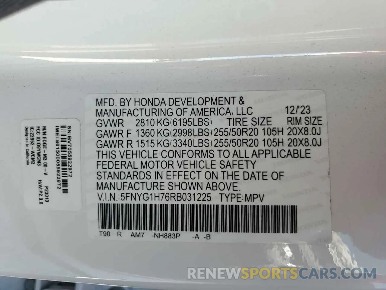 14 Photograph of a damaged car 5FNYG1H76RB031225 HONDA PILOT 2024