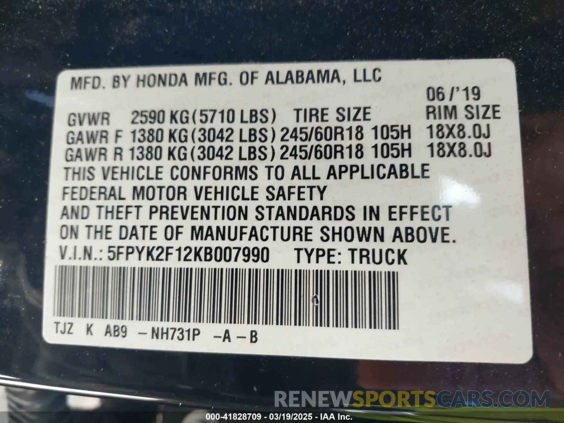 9 Фотография поврежденного автомобиля 5FPYK2F12KB007990 HONDA RIDGELINE 2019