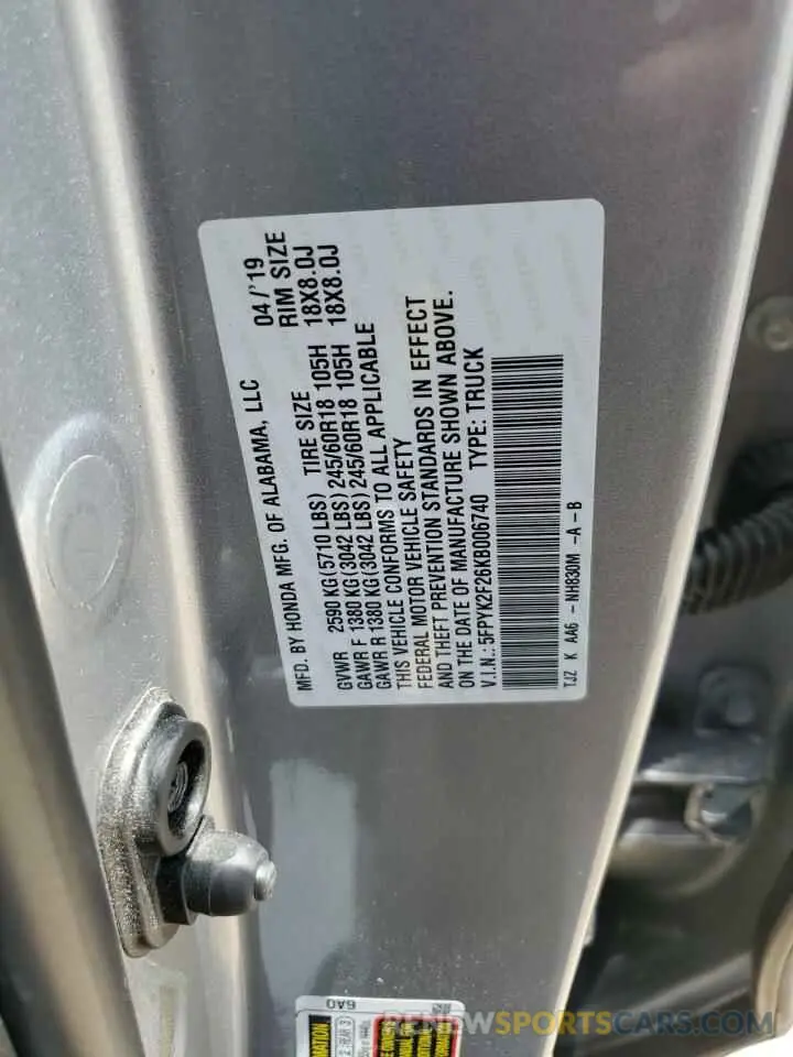 13 Photograph of a damaged car 5FPYK2F26KB006740 HONDA RIDGELINE 2019