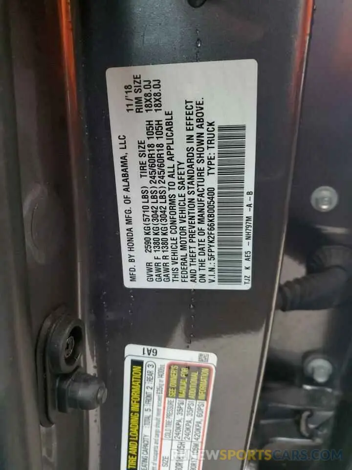 12 Фотография поврежденного автомобиля 5FPYK2F66KB005400 HONDA RIDGELINE 2019