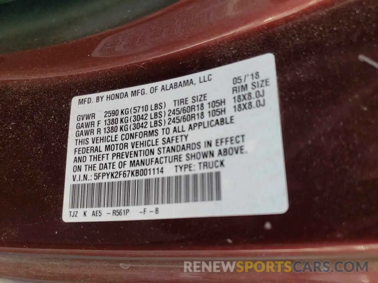 12 Photograph of a damaged car 5FPYK2F67KB001114 HONDA RIDGELINE 2019