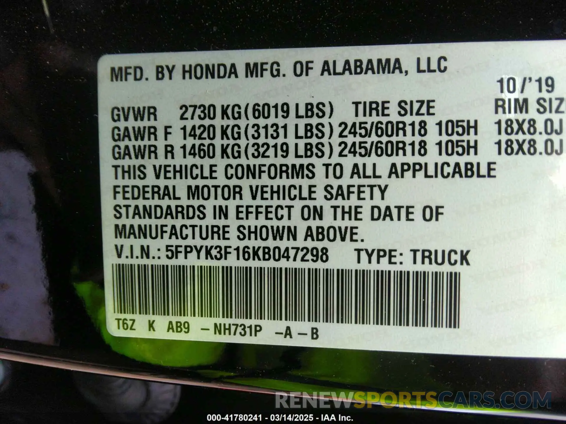 9 Фотография поврежденного автомобиля 5FPYK3F16KB047298 HONDA RIDGELINE 2019