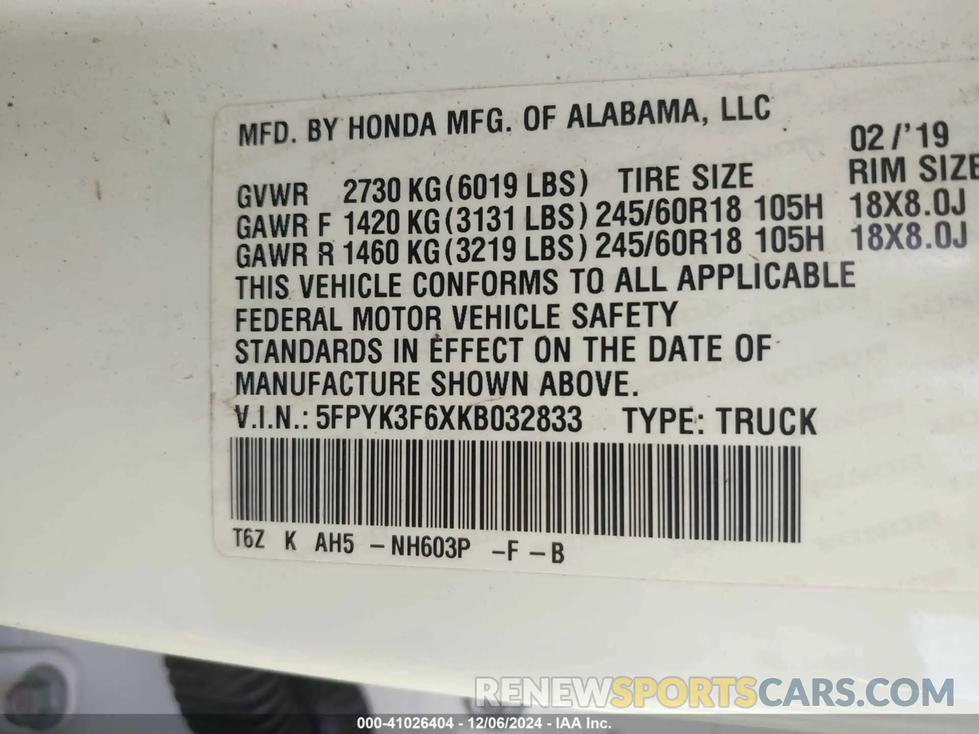 9 Фотография поврежденного автомобиля 5FPYK3F6XKB032833 HONDA RIDGELINE 2019