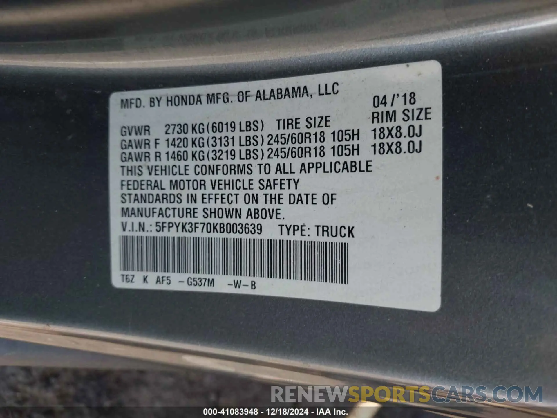 9 Фотография поврежденного автомобиля 5FPYK3F70KB003639 HONDA RIDGELINE 2019