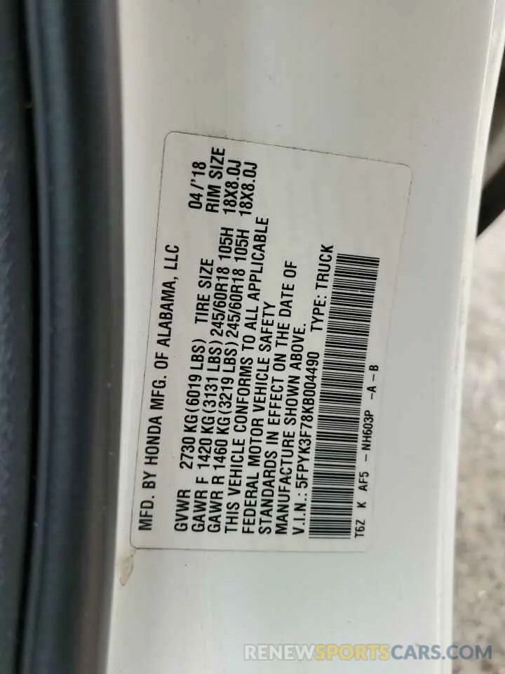 12 Фотография поврежденного автомобиля 5FPYK3F78KB004490 HONDA RIDGELINE 2019