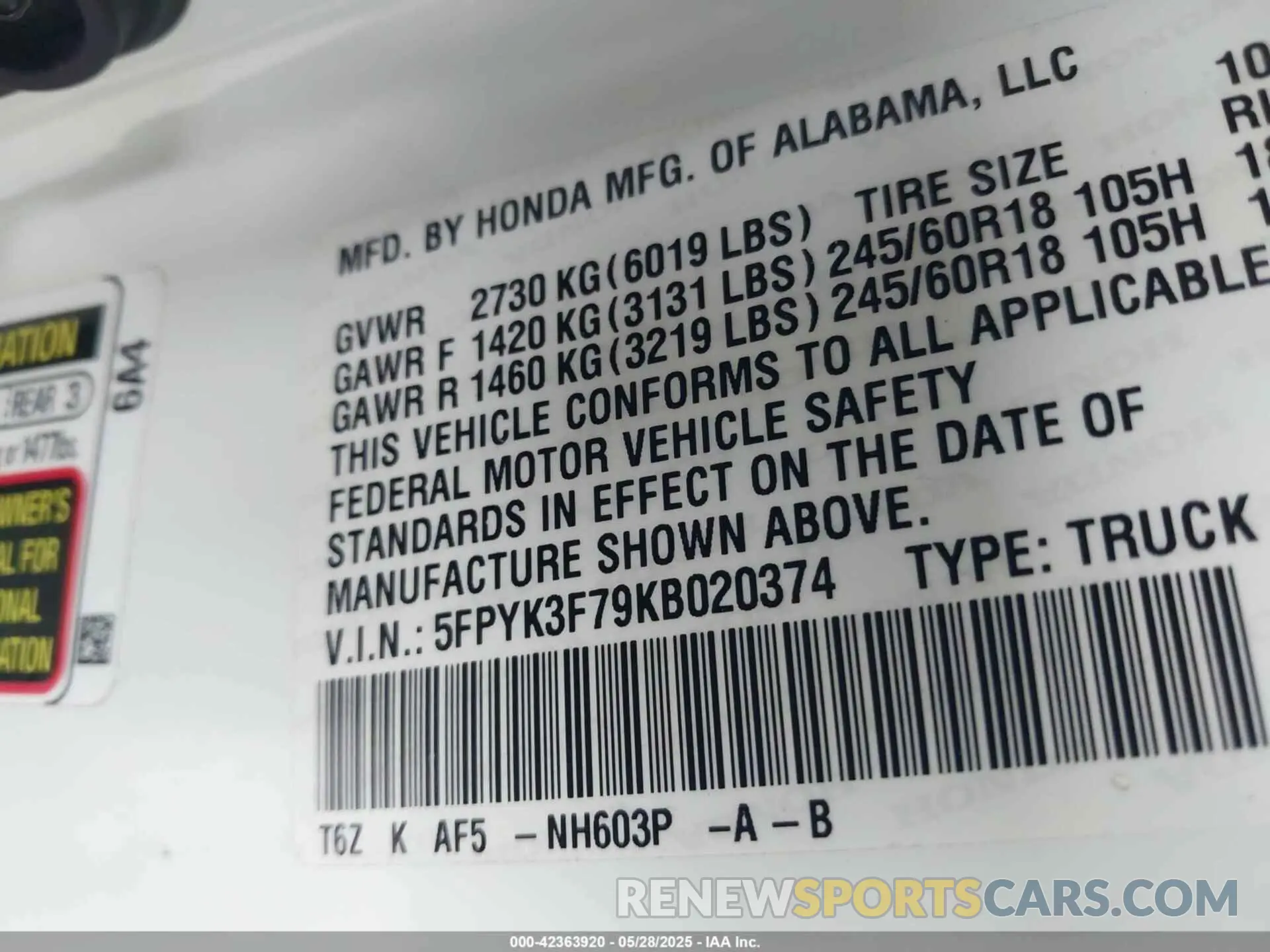 9 Фотография поврежденного автомобиля 5FPYK3F79KB020374 HONDA RIDGELINE 2019