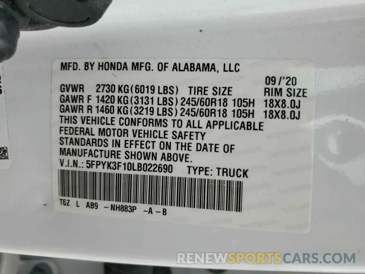 13 Фотография поврежденного автомобиля 5FPYK3F10LB022690 HONDA RIDGELINE 2020
